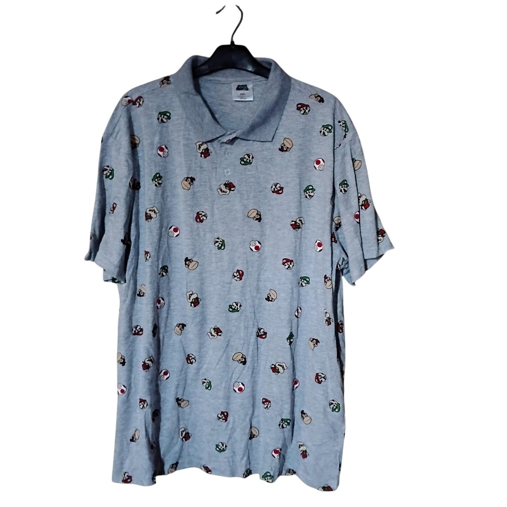 Super Mario Nintendo Mens XXL Gray All Over Print AOP Polo Shirt New 2NIN7513